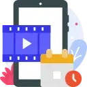  Icon of a video player with a phone and clock, representing mobile video playback and scheduling features.